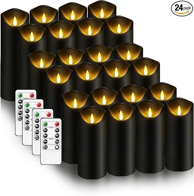 kakoya Flickering Flameless Candles, Battery Operated Plastic LED Pillar Candles with Remote Control and Timer, Set of 24 (Black)