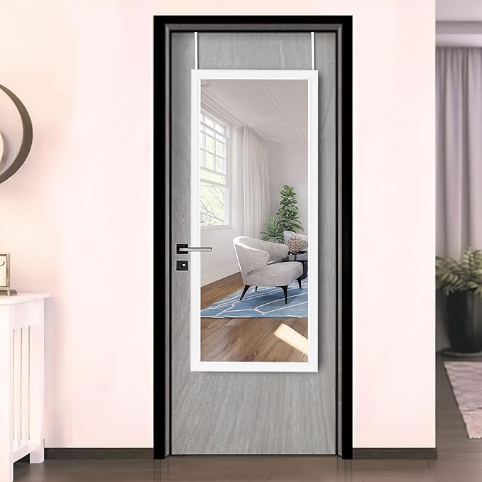 NeuType 43"x18" Over The Door Full Length Mirror, Door Wall Mirror, Wall Mount Over The Door Hanging Mirror with 2 Metal Hangers for Wall Bedroom, Bathroom, Living Room, Home Decoration (White)