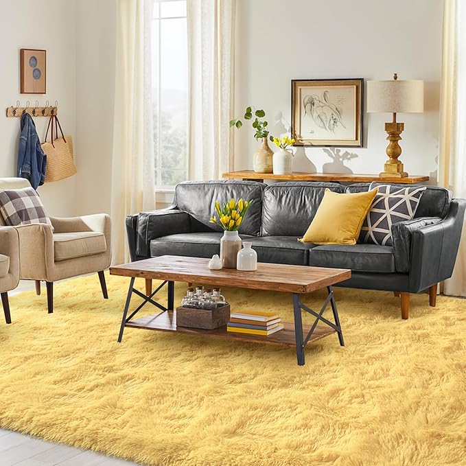 FinRèc 5x8 Feet Yellow Rugs for Living Room Bedroom, Soft Fluffy Shaggy Area Rug, Non-Slip Fuzzy Furry Shag Rug for Nursery Kids Room Dorm Room Home Decor, Indoor Plush Floor Carpet