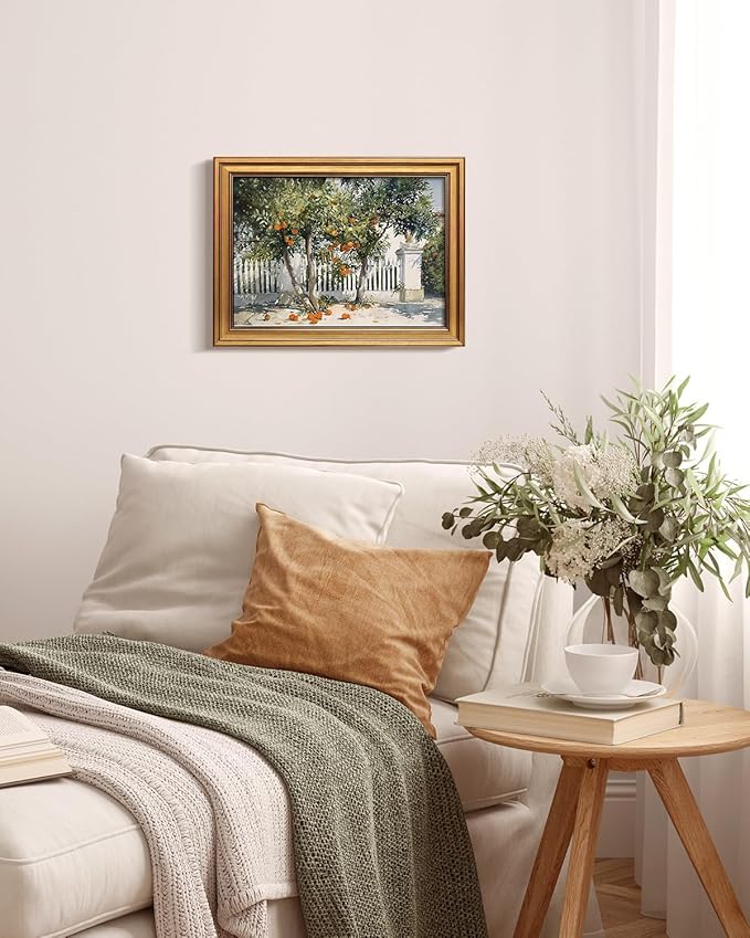 Bzstyleart Vintage Wall Art Decor for Living Room, Gold Framed Canvas Wall Art Home Decor Aesthetic, Orange Courtyard Prints, Canvas Picture Print Artwork, 12 x 16 Inch