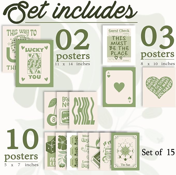 Aroutde Green Lucky Poster - Trendy Sage Green Wall Art - Guest Check Print - Lucky You - Room Decor - Y2K Canvas Wall Art - Set of 15 (Unframed)