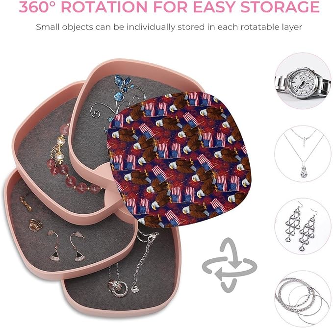 Jewelry Organizer Earring Holder with Mirror Bald Eagle American Flag Fireworks Pattern 4-Layer Rotating Travel Jewelry Tray Holder for Women