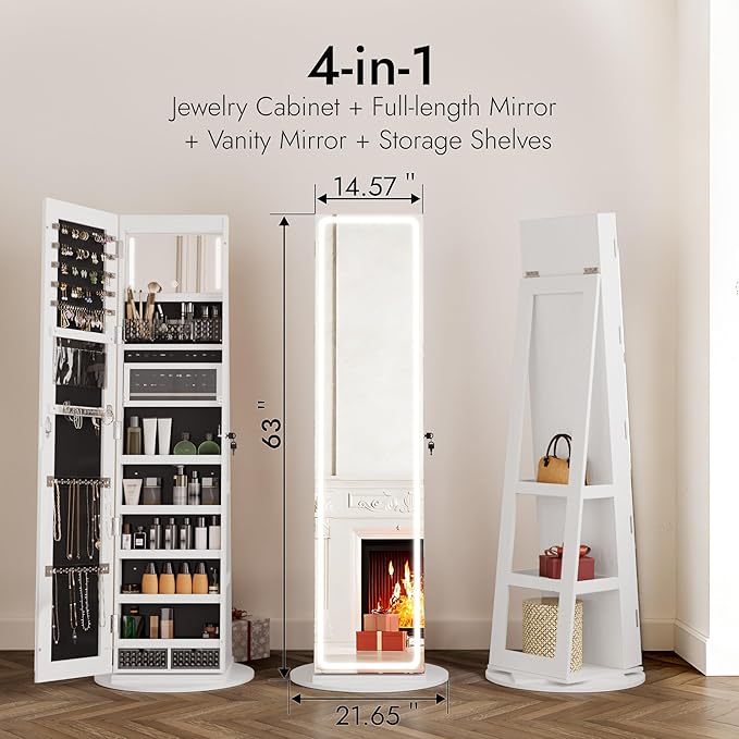 Zamildon's LED Mirror Jewelry Armoire, 360° Swivel Mirrored Jewelry Storage Cabinet with Interior LED Lights, Full Length Mirror Floor Standing Jewelry Organizer with Storage Shelves (White)