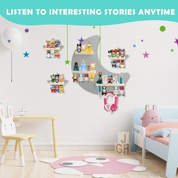 for Toniebox Starter Tonie Shelf Wall Mounted Set,Tonies Figures Tonies Storage,Magnetic Wooden Floating Shelves Compatible with Tonie box Player Character for Children Room (grey-without box shelf)