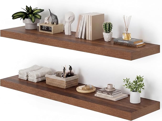 Heimlove 12 Inch Deep Floating Shelves, 55 x 12 inch Extra Long Floating Shelves for Wall, Large Display Shelf & Storage Shelf for Living Room Bedroom Kitchen Home Office, Set of 2, Walnut