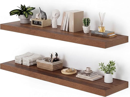 Heimlove 12 Inch Deep Floating Shelves, 55 x 12 inch Extra Long Floating Shelves for Wall, Large Display Shelf & Storage Shelf for Living Room Bedroom Kitchen Home Office, Set of 2, Walnut