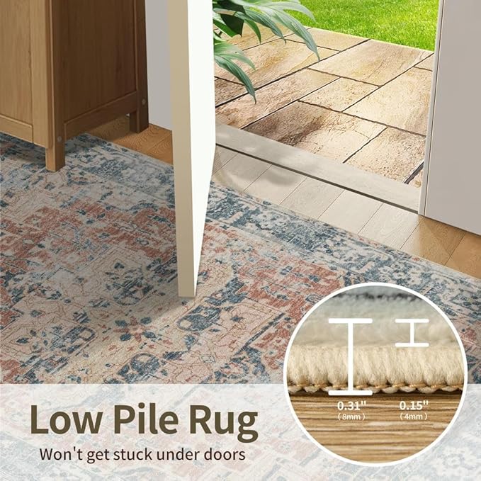 Rugxara Orange 5x7 Area Rugs for Living Room Bedroom, Washable Rug, Coral Vintage Retro Boho Rug, Non Slip & Low Pile Carpet for Indoor Dining Room, Kids Room, Nursery Room(Coral Blue 5x7ft)