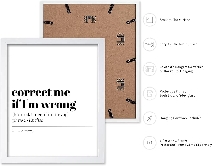 Poster Master Typography Poster - Retro Dictionary Print - Correct Me If I'm Wrong Definition, Book Page, Funny - Gift for Colleague, Friend - Wall Decor for Home, Office, 16x20 White Framed