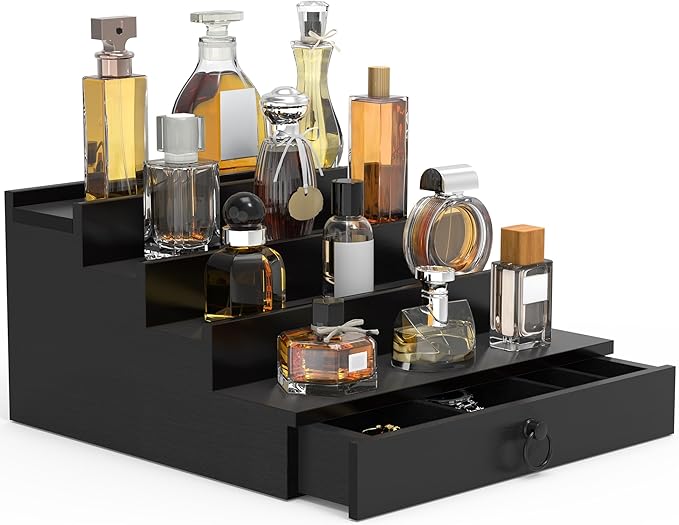 upcessory Cologne Organizer for Men, 4 Tier Perfume Stand, Cologne Shelf with Drawer and Hidden Compartment Perfume Display Holder, A Gift for Men