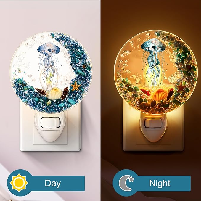 Hortsun Plug in Seashell Night Light Ocean Sea Animal Decorative Night Light Plug in Beach Lamps Vintage Ocean Lamps for Adult for Home Bedroom Living Room Bathroom Wall(Jellyfish)