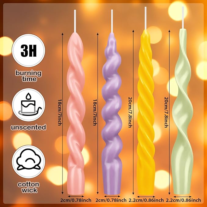 Nuanchu 4 Pcs Twisted Taper Candles Wax Unscented Smokeless Spiral Swirl Candlesticks for Wedding Holiday Dinner Party Home Decorations(7.87 Inch,Pure,Pastel Color)