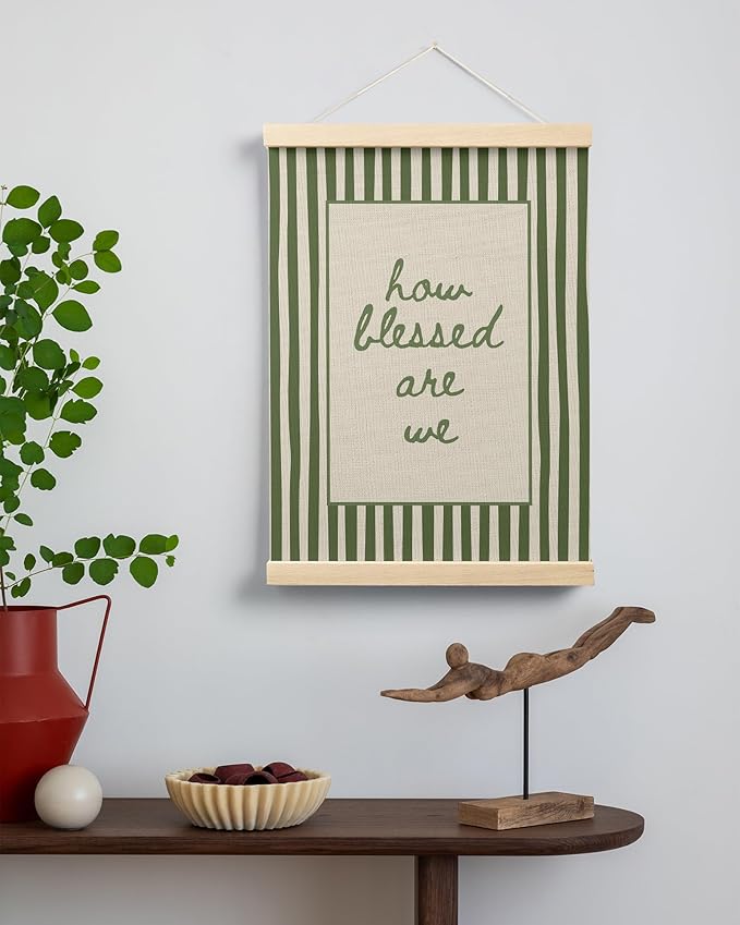FGFK How Blessed Are We Christian Wall Art Poster Hanger Frame, Christian Home Decor, Trendy Retro Green Striped Religious Bible Verse Canvas Prints Framed Wall Decor for Bedroom Room Dorm, 12x16 Inch