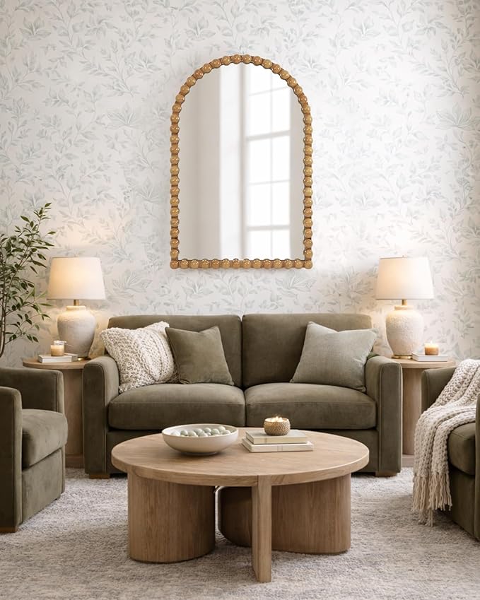 Beaded Arched Wall Mirror 24"x36", Decorative Arch Mirror with Beaded Frame, Vintage Style Accent Mirror for Entryway, Bathroom, Living Room, Bedroom, Fireplace Mantel