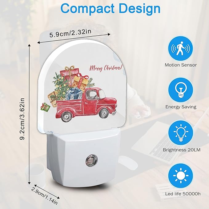 Merry Christmas Night Light,Dusk to Dawn Round Red Truck Gifts Night Lights Plug Into Wall for Home Indoor Staircase Kitchen Corridor