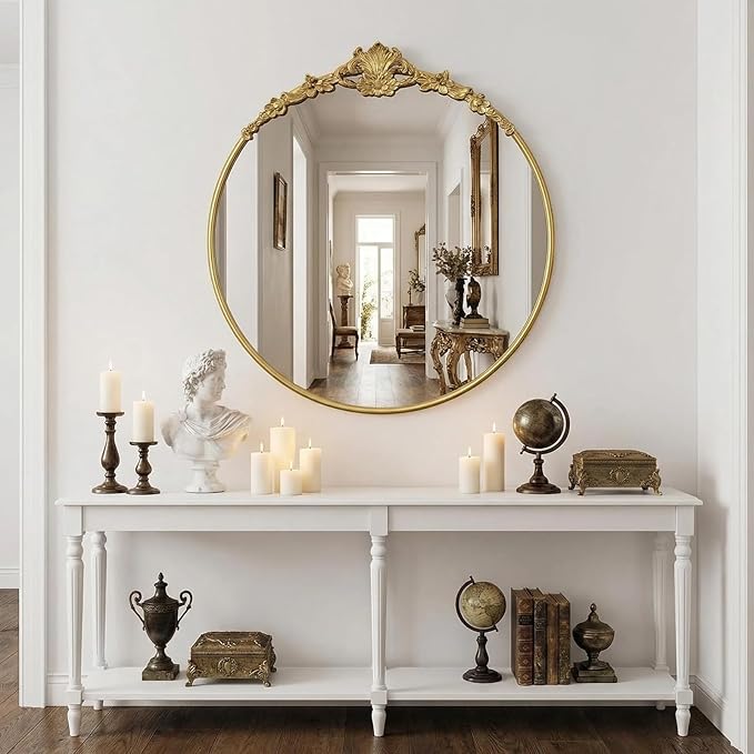 Vintage Baroque Round Wall Mirror 24" Circle Gold Mirror for Bathroom Antique Ornate Carved Frame Accent Mirror for Living Room Bedroom Entryway Vanity