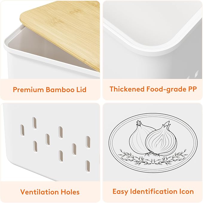 Lifewit Potato and Onion Storage Bin, Stackable Garlic Keeper with Aerating Holes and Lid, Plastic Vegetable Container Box for Pantry Countertop, White, 24 x 18 x 24 cm/9.5 x 7 x 9.5 inch, Set of 3