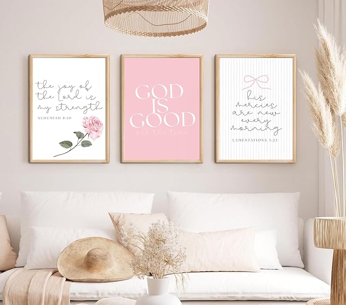 3Pcs Pink Christian Canvas Wall Art Coquette Bow Poster Print Aesthetic Picture Preppy Painting Wall Decor For Girls Bedroom Bathroom or Dorm 12x16in Unframed