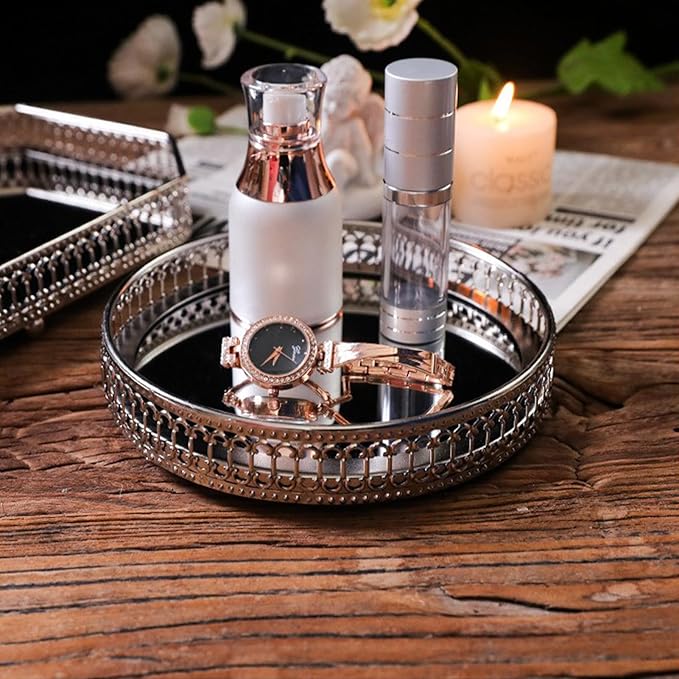 Mirror Tray, Makeup Decorative Storage Mirror Tray, Gold Or Silver Glass Mirror Crystal Vanity Tray, Antique Mirror Serving Tray Round Ornate Jewelry Trinket Organizer Tray for Home Decor(#5)