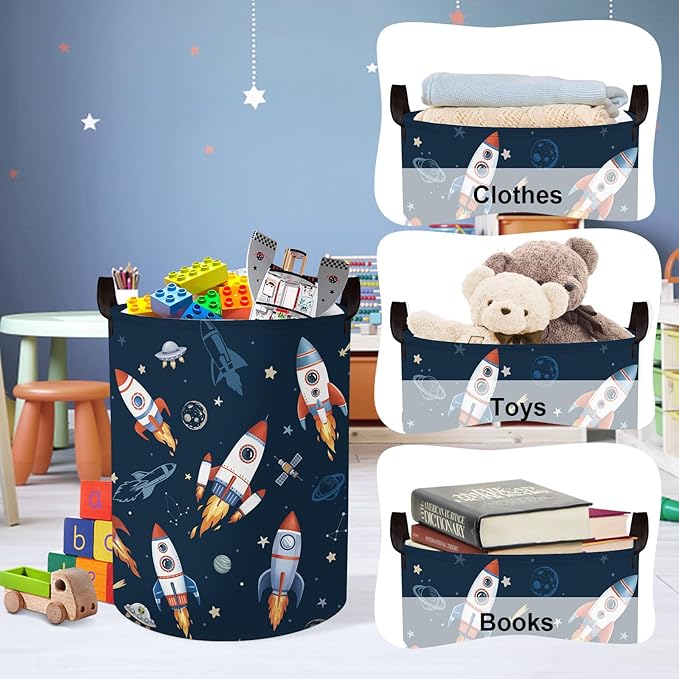 Clastyle Cosmic Space Kids Book Storage Basket Planet Clothes Laundry Basket Parents Gift Toy Box for Bedroom Shower, Rocket, 36x45 cm