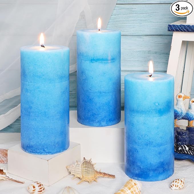 Pillar Candles Ocean Scented, Immeiscent Aromatherapy Candles, 60+ Hours Burn Long Lasting, Blue Mottled Layered Candles for Home Scented, SPA, Restaurant, Set of 3