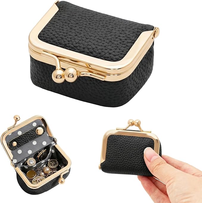 Genuine Leather Mini Jewelry Box Portable Vintage-Inspired Leather Small Coin Purse Jewelry Organizer Case Mini Travel Ring Box with Kiss Lock for Women Earring Ring Necklace