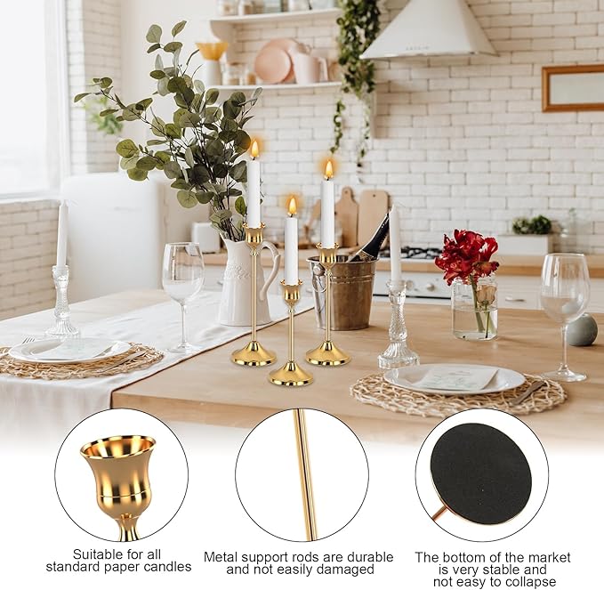 12pcs Gold Candle Holders, Candlestick Holders Taper Candle Holders for Pillar Candles Sticks Holder Decor Halloween Christmas Decorations Candle Candelabros para Centros de Mesa