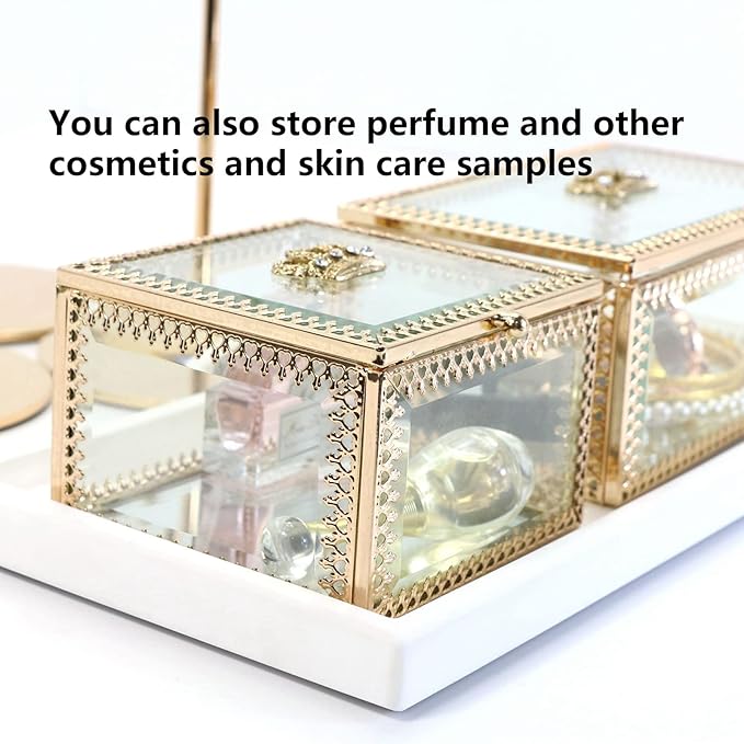 NAJMECHOY Glass Jewelry Box, Mirror Bottom with Crown Lid, Box for Makeup, Lipstick Ring Earrings, Storage Box, Gold Glass Box Ring, Bracelet Display Transparent Box (Square)