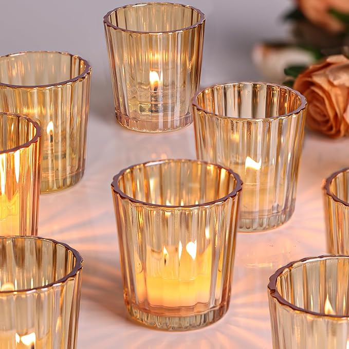 NITIME 8PCS Vintage Ribbed Gold Votive Candle Holders, Glass Candle Holder for Wedding Decorations, Tealight Candle Holder for Table Centerpiece, Diwali, Home and Party Decorations