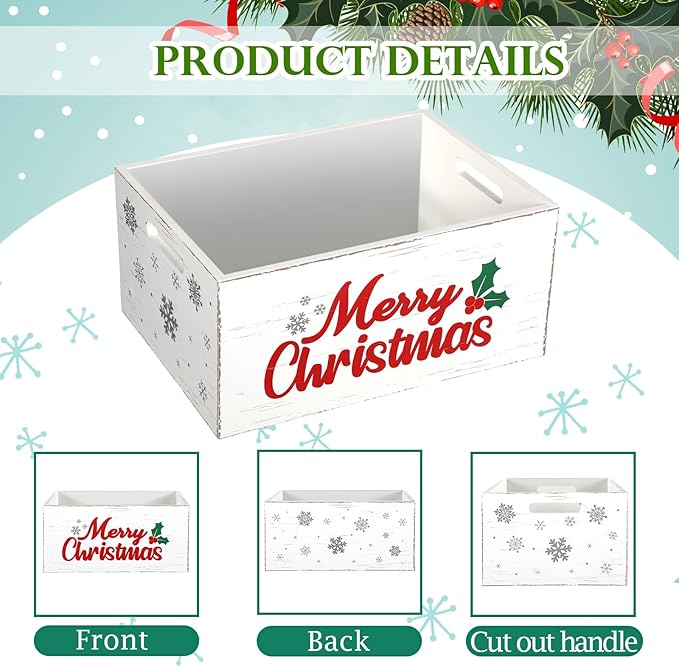 Namalu Christmas Hot Cocoa Bar Storage Box Wooden Crate with Handles Hot Cocoa Decorative Rustic Farmhouse Wood Basket Christmas Wood Storage Bins Organizer Bucket for Xmas Candy Dish Home(White)