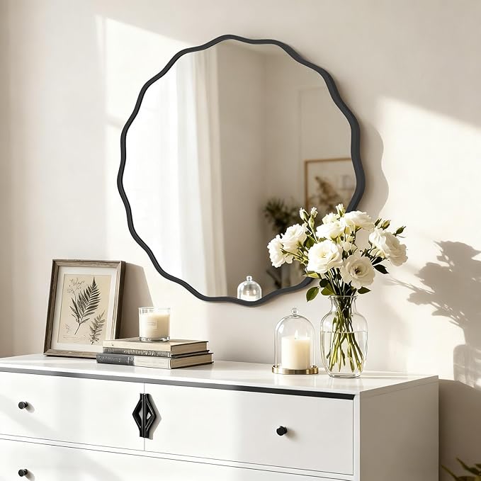 HOMECOOKIN 28 Inch Wavy Round Wall Mirror, Round Wavy Wall Mirror with Aluminum Frame for Bathroom Upgrades, Hotels, Dressing Tables,Farmhouses