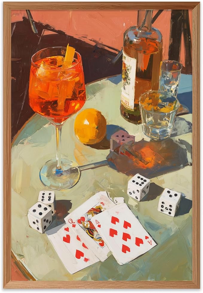 Trendy Wall Art Cocktails Wall Art Decor Retro Dice Poker Canvas Painting Prints Vintage Bar Cart Decor Funky Alcohol Cocktail Print for Kitchen Dorm Party Bar Cart Decoration, 16x24inch Unframed