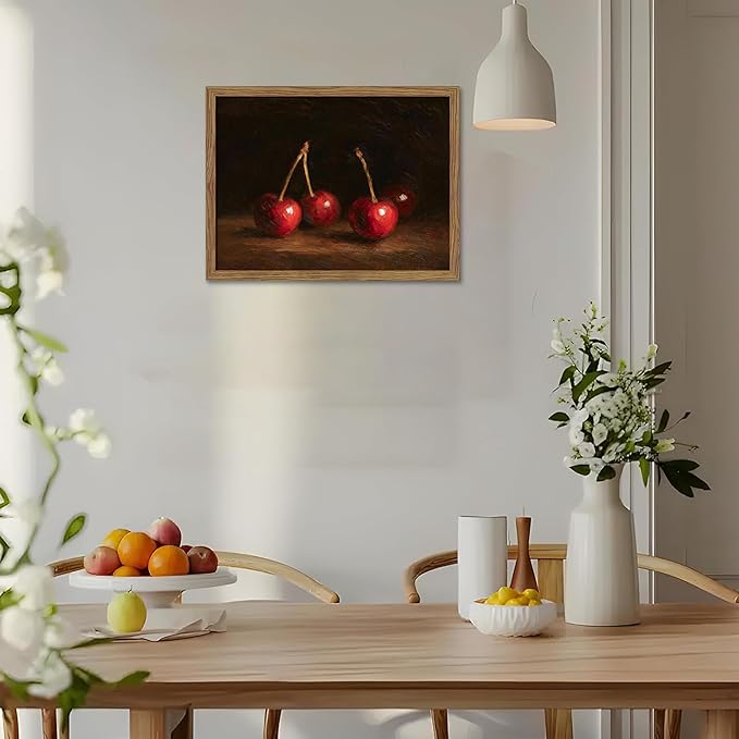 Vintage Cherry Wall Art for Kitchen, Classic Still Life Oil Painting Canvas Wall Decor, Retro Rural Farmhouse Fruit Food Artwork Prints Pictures for Kitchen Dining Room 16x24 Inch Framed