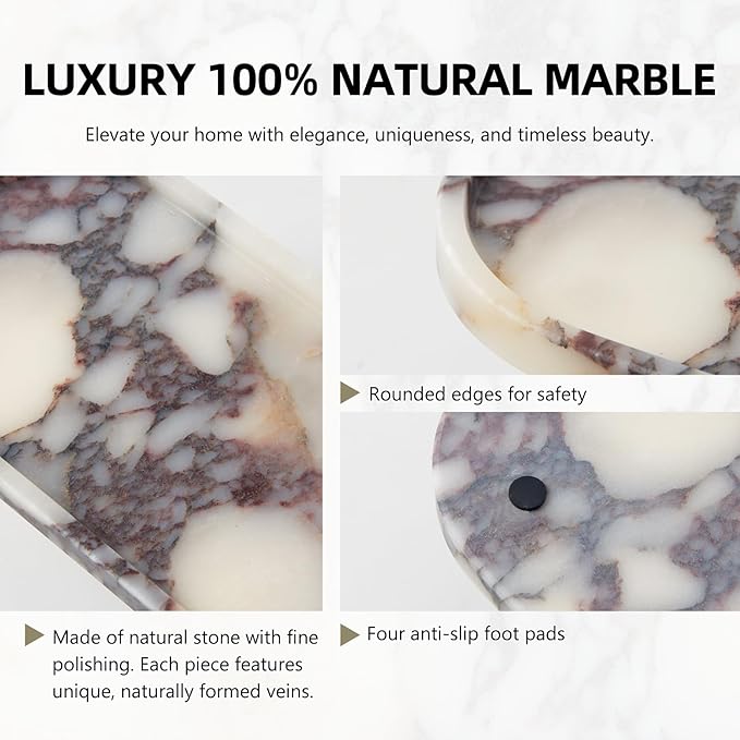 Luxury Natural Oval Marble Tray – 11.8 x 5.9-Inch Calacatta Viola Stone Vanity Tray, Large Makeup Organizer for Perfume Skincare Products, Decorative Tray for Bathroom Coffee Table & Dresser