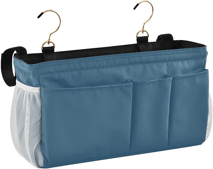 Caribbean Blue Bedside Caddy Storage Bag Bedside Organizer for Bunk Bed Headboards College Bedside Shelf Hanging Organizer 6 Pockets with Hooks for Book Glasses Phone Holder