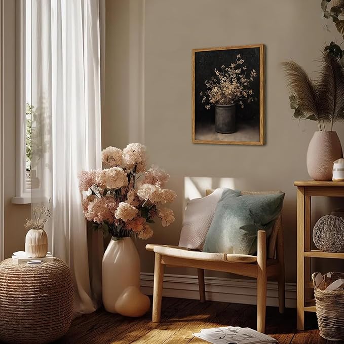 Framed Vintage Floral Wall Art, Rustic Dark Moody Flower Paintings Wall Decor, Retro Farmhouse Botanical Pictures Canvas Prints Neutral Aesthetic Home Decor for Living Room Bedroom 12x16 inch