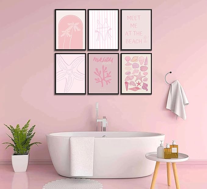 6Pcs Pink Coastal Preppy Wall art Beach Granddaughter Aesthetic Room Painting Picture Wall Decor Shells Oyster Starfish Poster Print Artwork for Girls Room Girls Dorm Home Decoration 8x10in