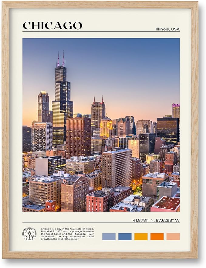 HesenDot Natural OAK Wood Chicago Cityscape Framed Wall Art,12x16in City Skyline Canvas Wall Print,Modern Urban Landmark Wall Decor for Living Room,Bedroom,Office Gallery Gifts Set of 1
