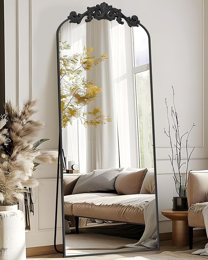Antok Arched Full Length Mirror, 58"x18" Floor Mirror with Carved, Full Body Mirrors for HomeDecor, Standing/Halling Large Wall Mirror for Bedroom, Living Room, Cloakroom, Black, Retro Style