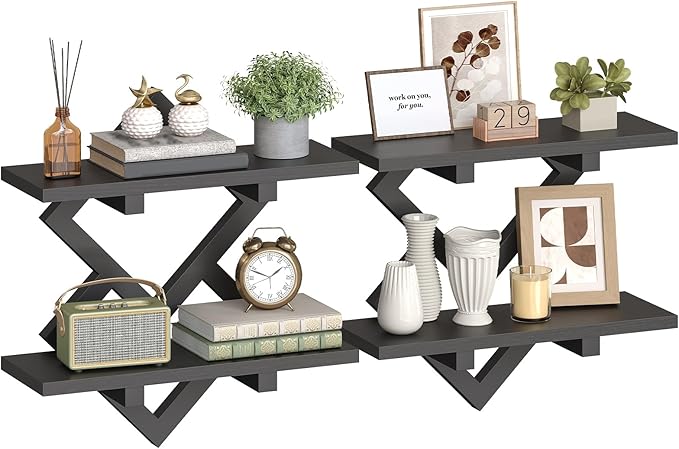 HOOBRO 15" Floating Shelves for Wall, Set of 2 Wall Shelf, 2-Tier Hanging Shelves, Wall Mounted Storage Shelf, Display Rack, for Living Room Bedroom Kitchen Bathroom, Black BB14BJP201