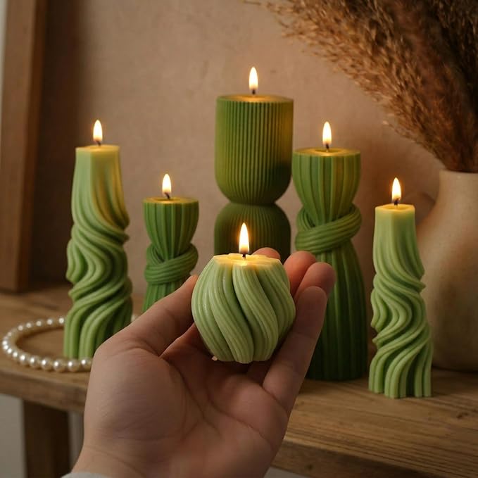 Threlaco 6 Pcs Pillar Candles Decorative Modern Aesthetic Ribbed Candle Set Cute Soy Wax Scented Ribbed Decor Valentine's Commemorative Gift for Home Decoration(Green,2.36-6.89 Inch)