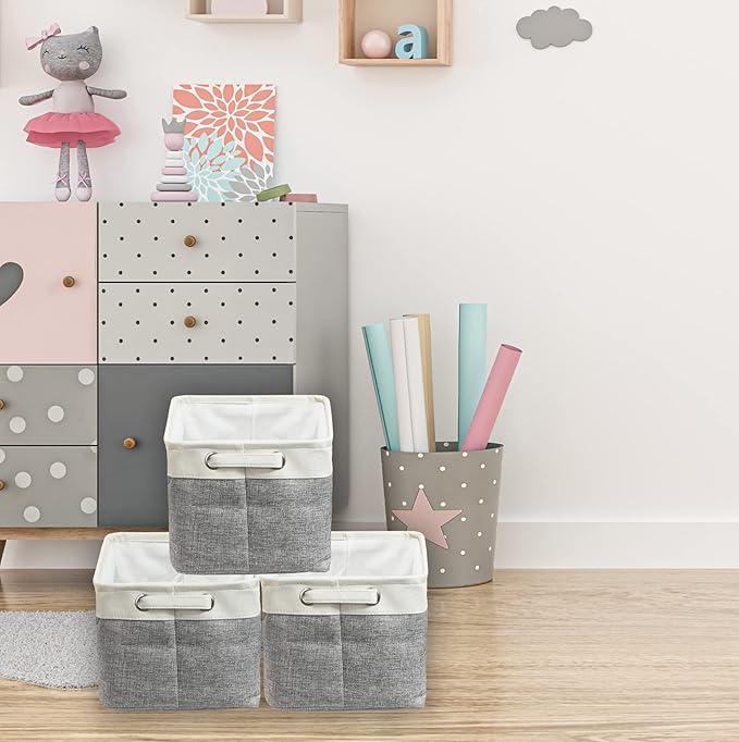 Simple Houseware Large Fabric Storage Bin, 14.4" x 10" with Handles, 3-Pack, Foldable Organizer for Closet and Shelf, Gray