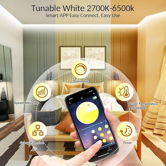 Wefomey White LED Strip Lights, 100ft Dimmable Bright 24V Led Tape Light with Remote and App Control, 2700K-6500K White 1800 LEDs Lights for Bedroom, Kitchen, Ceiling (2 Rolls of 50ft)