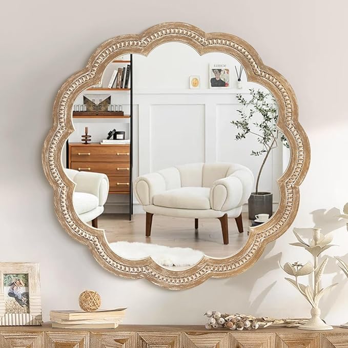 24 Inch Round Wall Mirror, Antique Brown Solid Wood Frame with Scalloped Edge & Beaded Trim, Vintage Farmhouse Mirror for Bathroom, Bedroom, Living Room