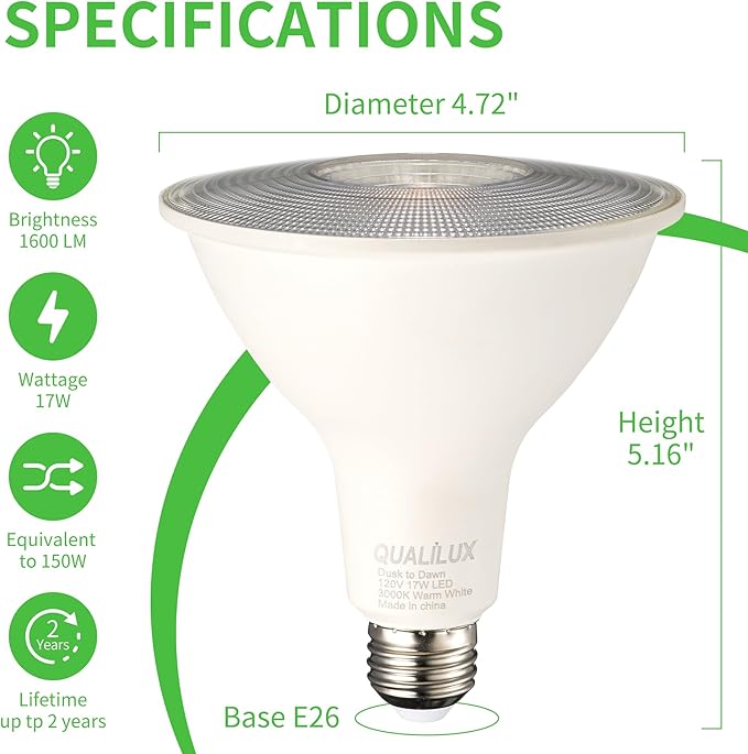 Qualilux PAR38 Dusk to Dawn LED Flood Light Bulbs, Daylight White 5000K, 150W Equivalent 17W, 1700LM, Auto On/Off Light Sensing Outdoor Light Bulb, 2 Pack, Non-Dimmable, HQ-H033