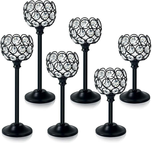 6pcs Crystal Candle Holder Set, 3 Sizes Tealight Candlestick Holders, Elegant Black Candelabra Bulk for Wedding Table Centerpiece, Fireplace, Home & Living Room Decor