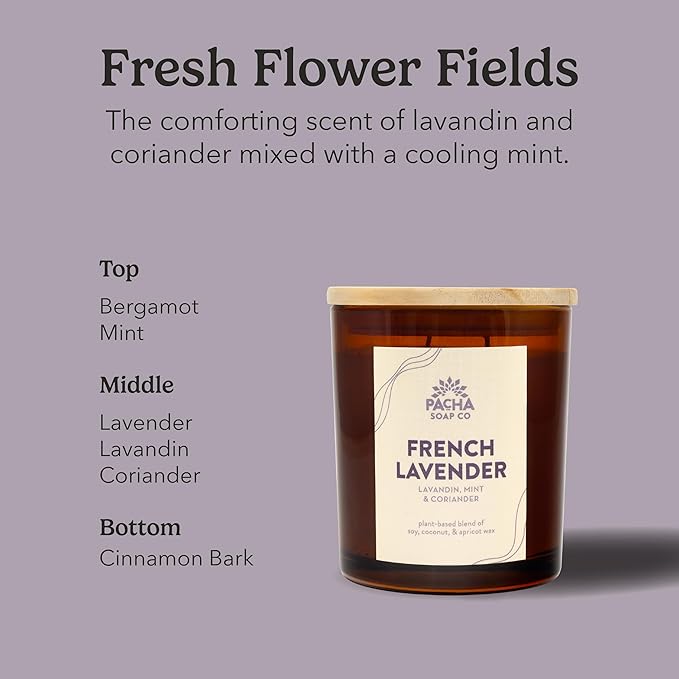 Pacha Soap Co. French Lavender Candle - Lavandin, Mint, and Coriander Scented, Soy, Coconut & Apricot Wax Blend, Cotton Wick, 40+ Hour Burn Time, Long-Lasting, Recyclable, Made in The USA, 7 oz