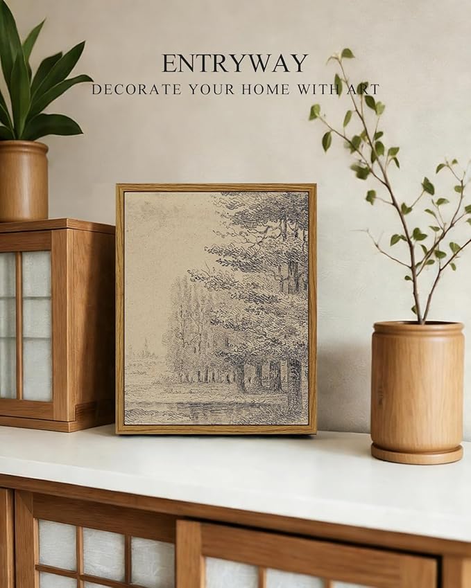 InSimSea Framed Canvas Wall Art, Vintage Sketch Landscape Painting, Rustic Nature Scenery Decor for Living Room Shelf Hallway,10x8in, Beige Tones