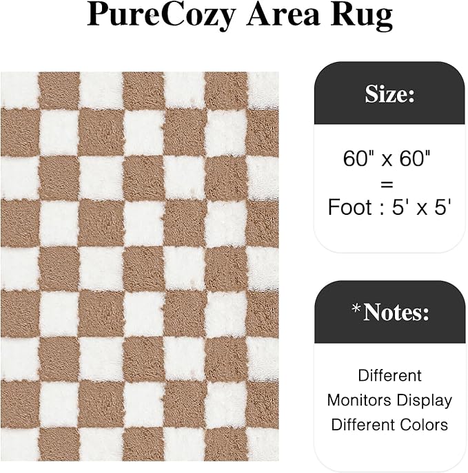 PureCozy Checkered Round Rugs 5ft for Living Room, Brown and White Modern Shag Rugs Super Soft Washable Fluffy Indoor Office Carpet for Bedroom Home Dorm Aesthetic Decor
