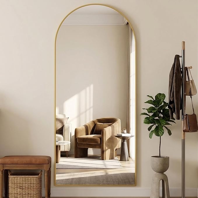 Suidia 78"x38" Arched Full Length Mirror with Stand, Full Body Mirror with Aluminum Frame, Freestanding/Leaning/Wall-Mounted, Floor Mirrors for Bedroom, Living Room, Entryway, Dressing Room, Gold