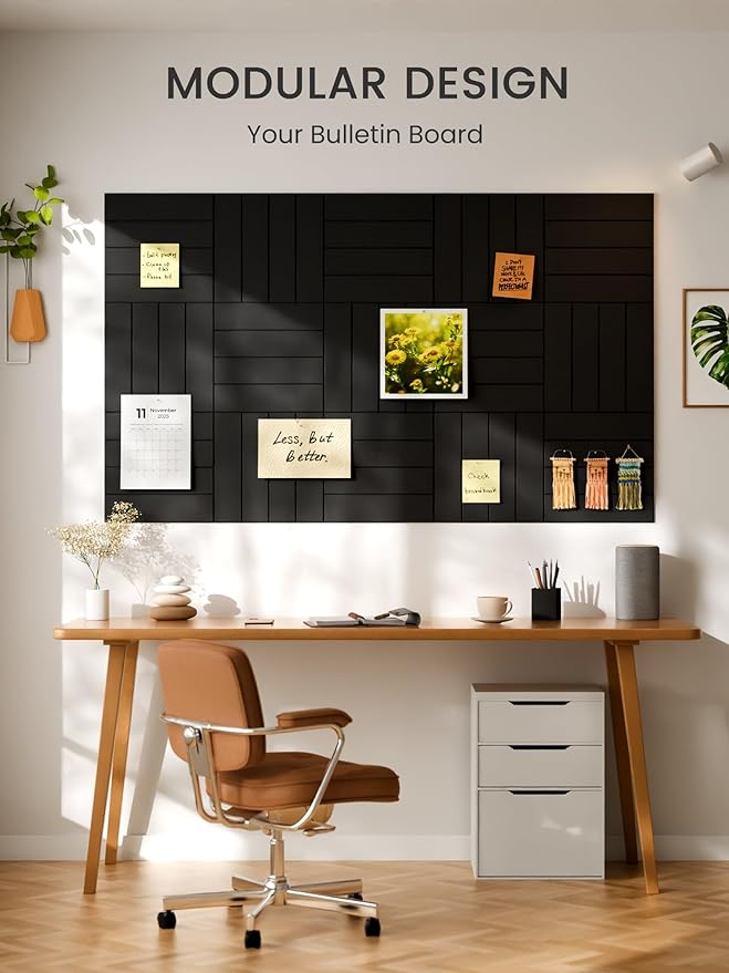 Bumusty Large Cork Board Alternative-36 x 24" Felt Bulletin Board Tiles, with 30 Pushpins, 40 Adhesive Tabs, Bold-Stripe 6-Pack, Cork Boards for Office Push Pin Board Felt Board-Black